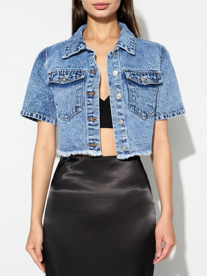 Cropped Short Sleeve Denim Jacket with Frayed Hem - Blue - XS - 11bcfdb9 - 932c - 4067 - 9166 - 3587ff776a16 - Max - Origin - Tatoo Tee