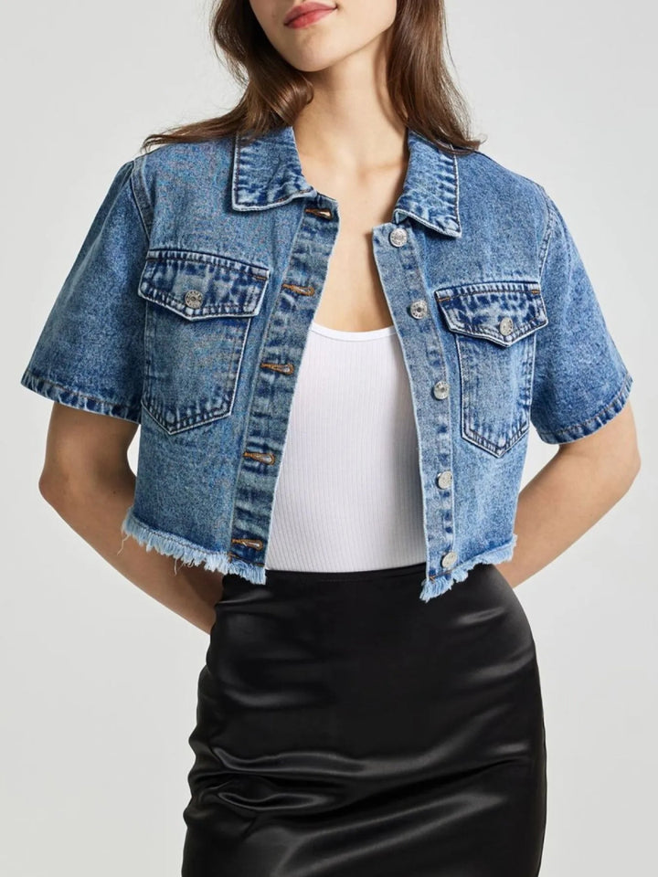 Cropped Short Sleeve Denim Jacket with Frayed Hem - Blue - XS - ea29e389 - 14ea - 4866 - 88f6 - 1dbe6211d492 - Max - Origin - Tatoo Tee