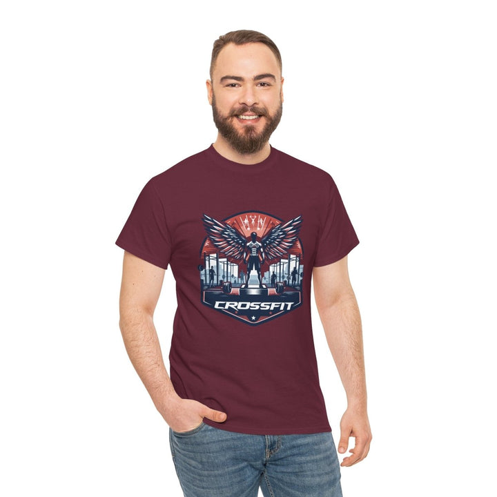CrossFit Wings Unisex Heavy Cotton Tee - Gym Workout Shirt - Maroon - S - CrossFit Wings Unisex Heavy Cotton Tee - Gym Workout Shirt - Tatoo Tee