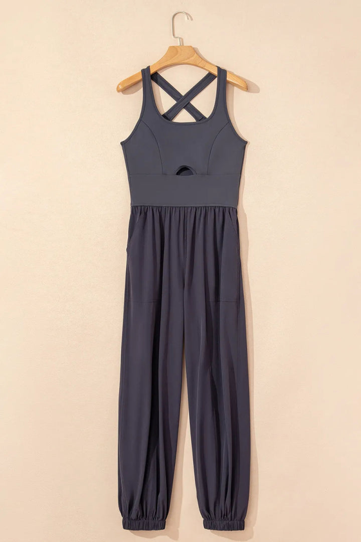Cutout Square Neck Wide Strap Active Jumpsuit - Dark Gray - M - dfd060a7 - 90a4 - 400f - b615 - 0761b1f4fcb1 - Max - Tatoo Tee