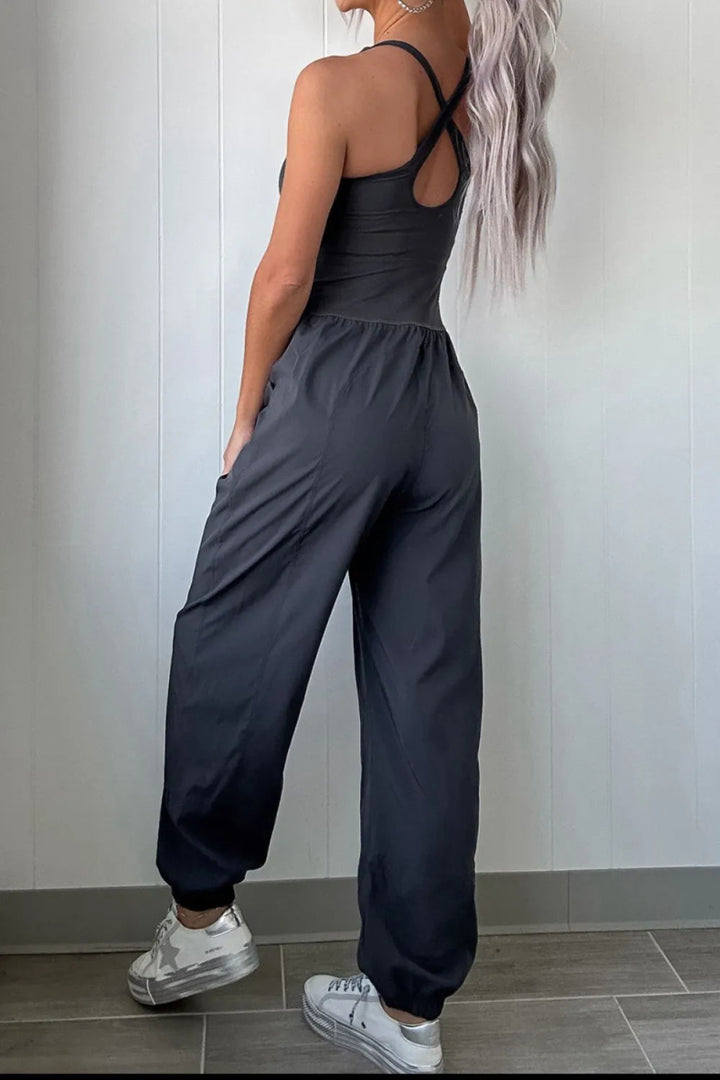 Cutout Square Neck Wide Strap Active Jumpsuit - Dark Gray - M - bf64b582 - 710e - 4248 - aa0e - b7085b2360da - Max - Tatoo Tee