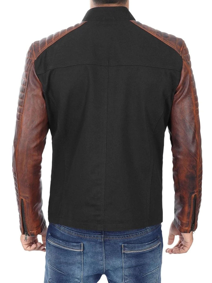 Darrell Mens Black and Brown Cafe Racer Leather Jacket - Male - XS - Darrell Mens Black and Brown Cafe Racer Leather Jacket - Tatoo Tee