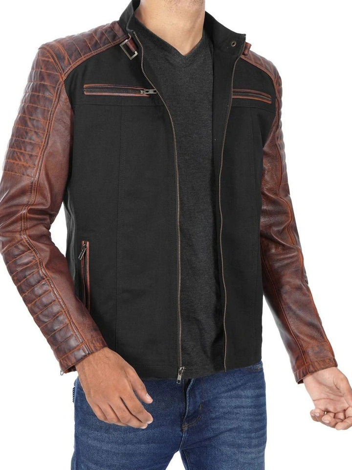 Darrell Mens Black and Brown Cafe Racer Leather Jacket - Male - XS - Darrell Mens Black and Brown Cafe Racer Leather Jacket - Tatoo Tee