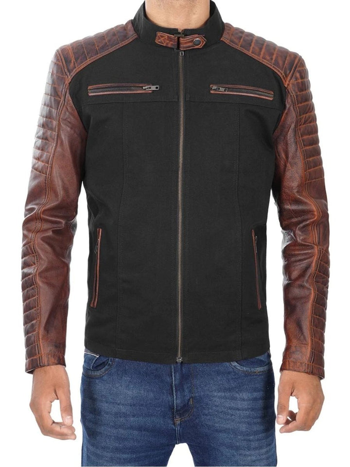 Darrell Mens Black and Brown Cafe Racer Leather Jacket - Male - XS - Darrell Mens Black and Brown Cafe Racer Leather Jacket - Tatoo Tee
