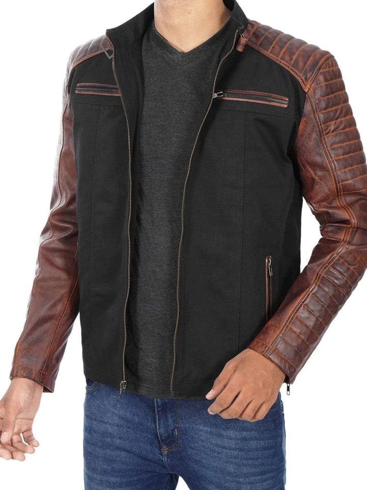 Darrell Mens Black and Brown Cafe Racer Leather Jacket - Male - XS - Darrell Mens Black and Brown Cafe Racer Leather Jacket - Tatoo Tee