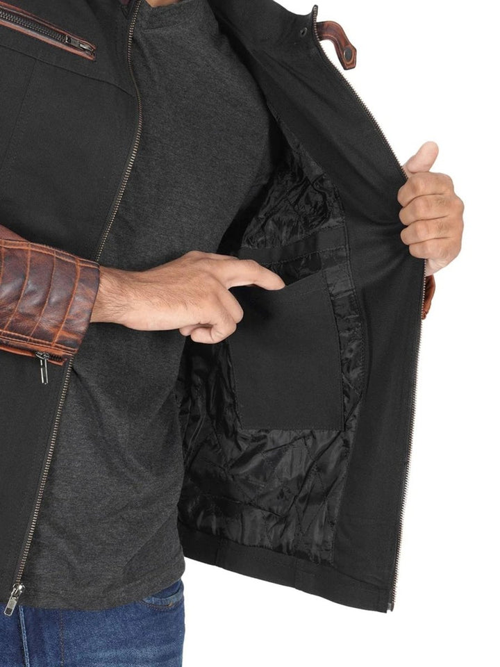 Darrell Mens Black and Brown Cafe Racer Leather Jacket - Male - XS - Darrell Mens Black and Brown Cafe Racer Leather Jacket - Tatoo Tee