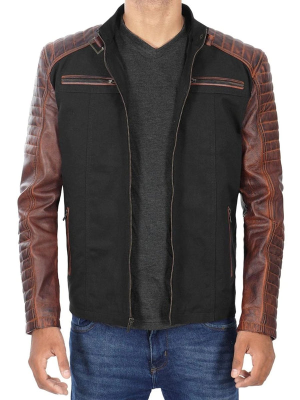Darrell Mens Black and Brown Cafe Racer Leather Jacket - Male - XS - Darrell Mens Black and Brown Cafe Racer Leather Jacket - Tatoo Tee
