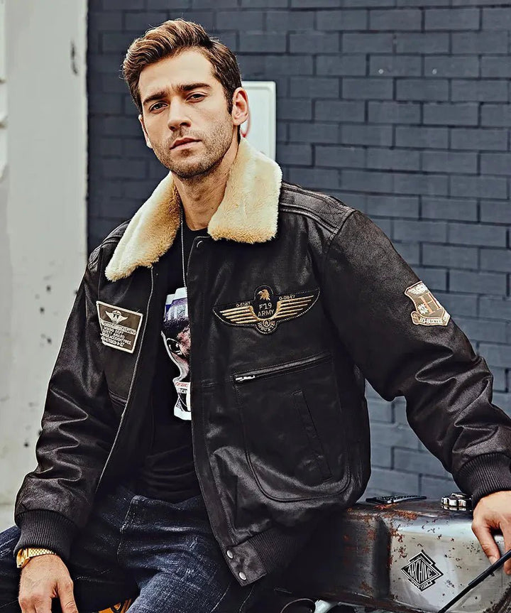 Denver Men’s Black Bomber Leather Jacket Aviator with Removable Collar - Male - XS - Denver Men’s Black Bomber Leather Jacket Aviator with Removable Collar - Tatoo Tee