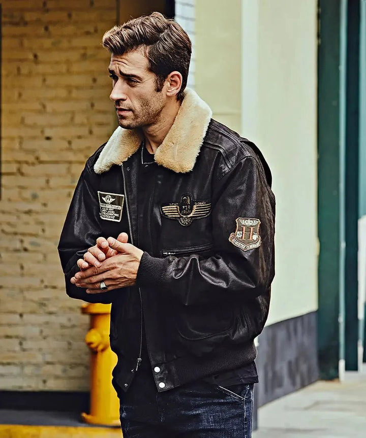 Denver Men’s Black Bomber Leather Jacket Aviator with Removable Collar - Male - XS - Denver Men’s Black Bomber Leather Jacket Aviator with Removable Collar - Tatoo Tee