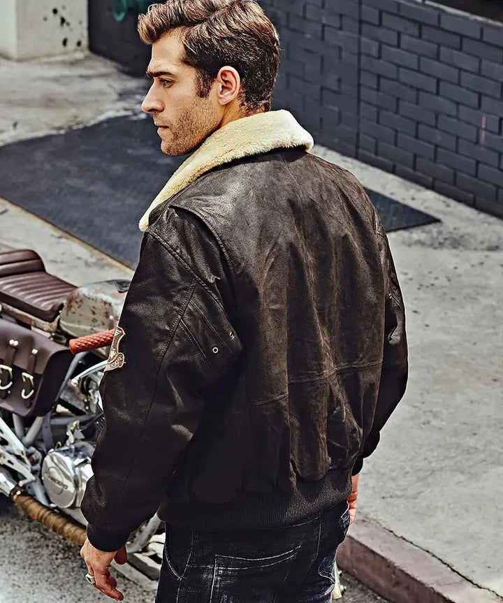 Denver Men’s Black Bomber Leather Jacket Aviator with Removable Collar - Male - XS - Denver Men’s Black Bomber Leather Jacket Aviator with Removable Collar - Tatoo Tee