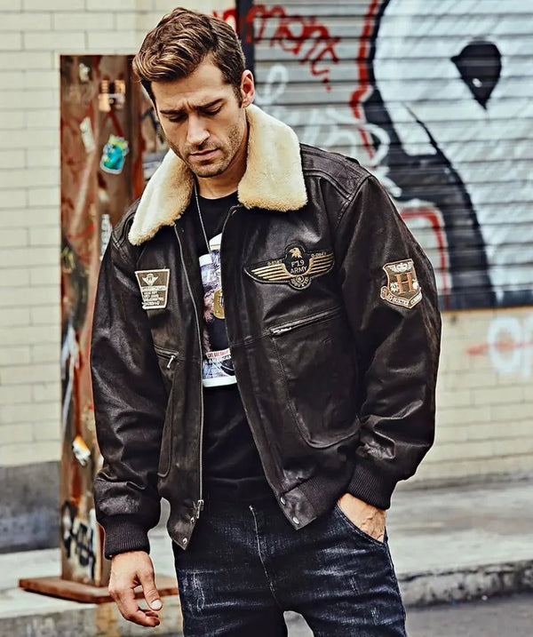 Denver Men’s Black Bomber Leather Jacket Aviator with Removable Collar - Male - XS - Denver Men’s Black Bomber Leather Jacket Aviator with Removable Collar - Tatoo Tee