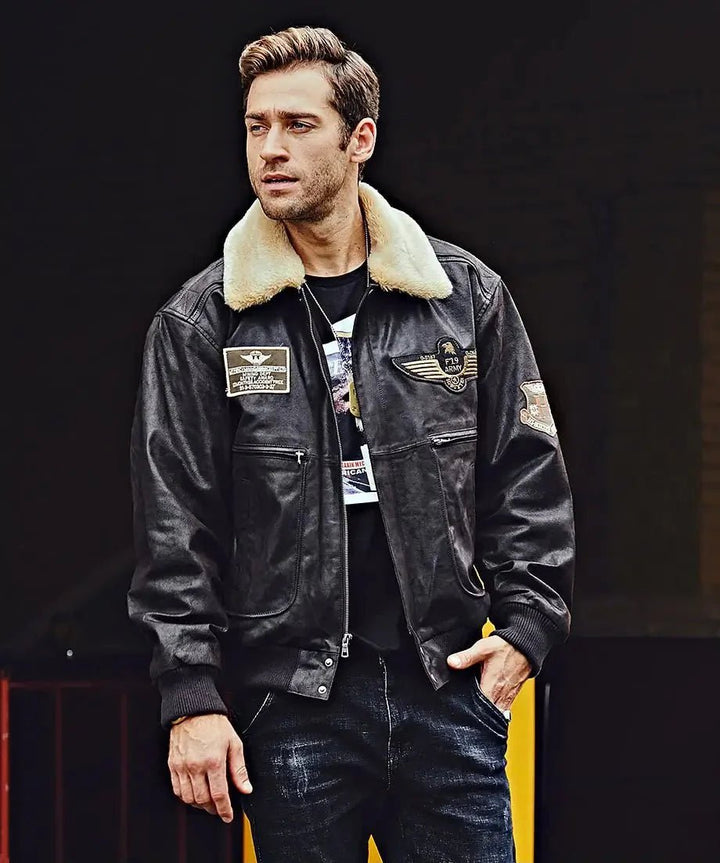 Denver Men’s Black Bomber Leather Jacket Aviator with Removable Collar - Male - XS - Denver Men’s Black Bomber Leather Jacket Aviator with Removable Collar - Tatoo Tee