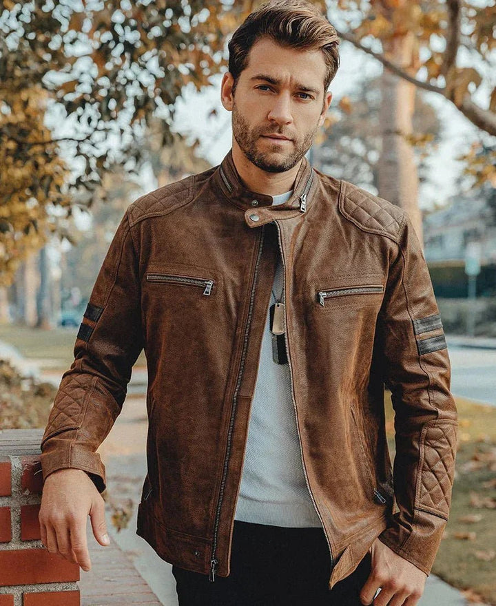 Denver Men’s Brown Bomber Leather Jacket Aviator - Male - XS - Denver Men’s Brown Bomber Leather Jacket Aviator - Tatoo Tee