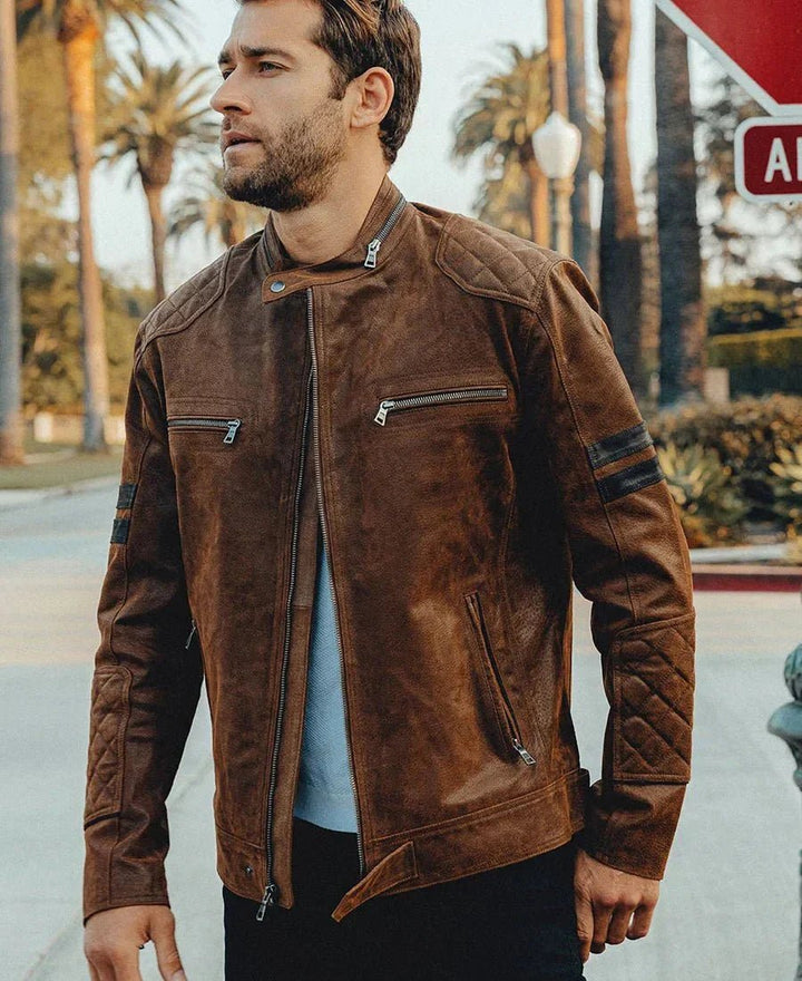 Denver Men’s Brown Bomber Leather Jacket Aviator - Male - XS - Denver Men’s Brown Bomber Leather Jacket Aviator - Tatoo Tee