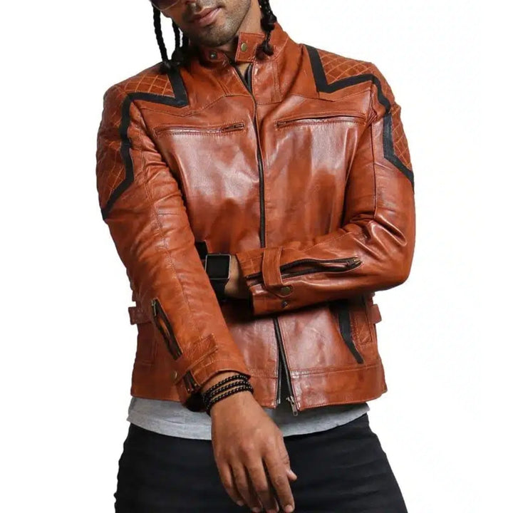 Designer Men Brown Waxed Leather Jacket - XS - Designer Men Brown Waxed Leather Jacket - Tatoo Tee