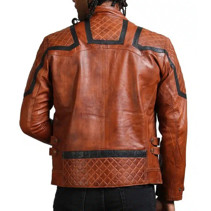 Designer Men Brown Waxed Leather Jacket - XS - Designer Men Brown Waxed Leather Jacket - Tatoo Tee
