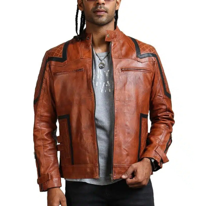Designer Men Brown Waxed Leather Jacket - XS - Designer Men Brown Waxed Leather Jacket - Tatoo Tee