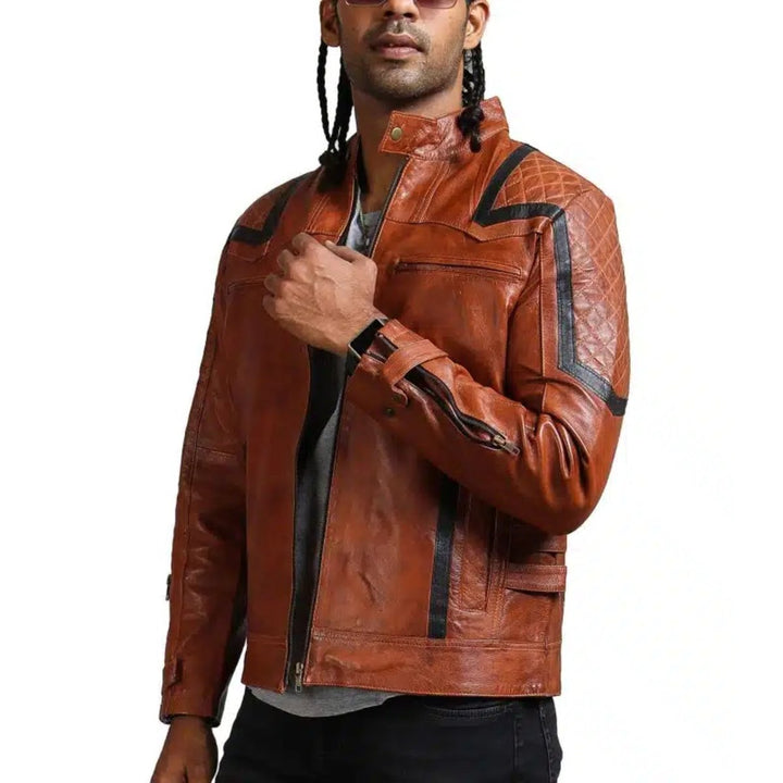 Designer Men Brown Waxed Leather Jacket - XS - Designer Men Brown Waxed Leather Jacket - Tatoo Tee
