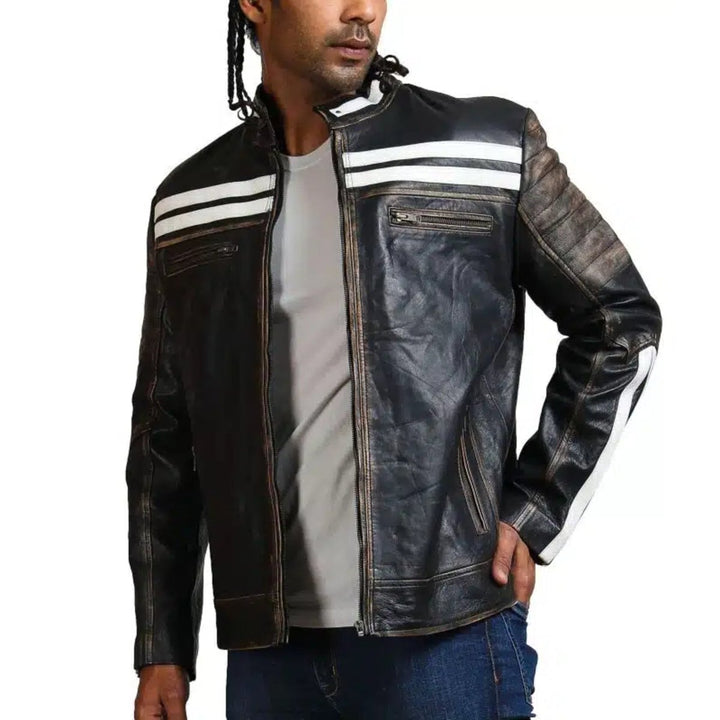 Designer Men Distressed Black Leather Jacket - XS - Designer Men Distressed Black Leather Jacket - Tatoo Tee