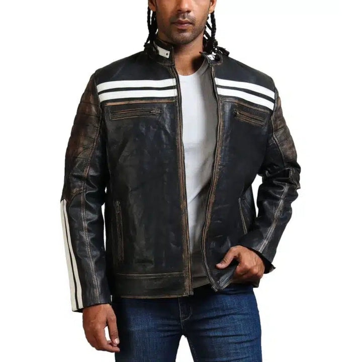 Designer Men Distressed Black Leather Jacket - XS - Designer Men Distressed Black Leather Jacket - Tatoo Tee