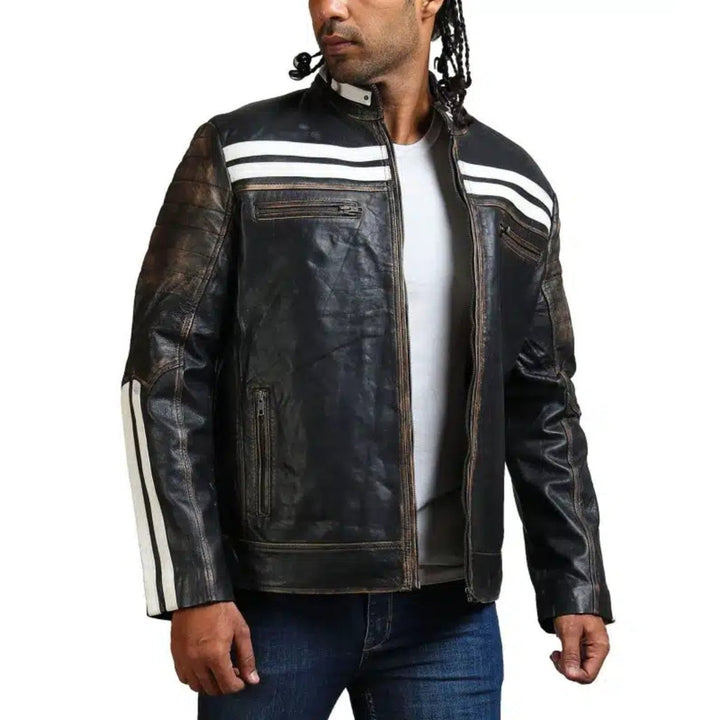 Designer Men Distressed Black Leather Jacket - XS - Designer Men Distressed Black Leather Jacket - Tatoo Tee