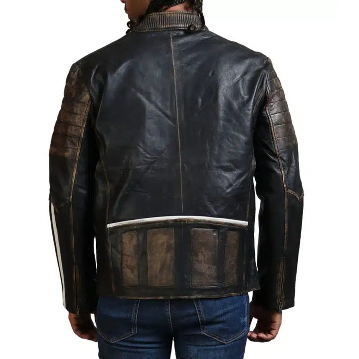 Designer Men Distressed Black Leather Jacket - XS - Designer Men Distressed Black Leather Jacket - Tatoo Tee