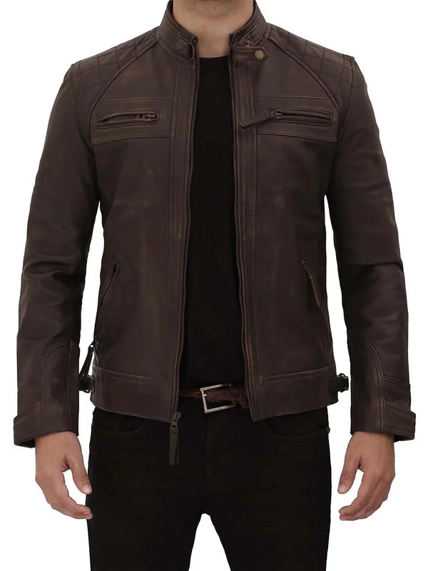 Diamond Mens Distressed Brown Motorcycle Leather Jacket
