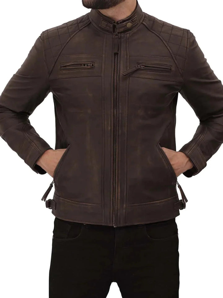 Diamond Mens Distressed Brown Motorcycle Leather Jacket - Male - XS - Diamond Mens Distressed Brown Motorcycle Leather Jacket - Tatoo Tee