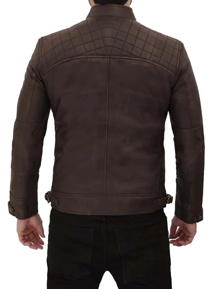 Diamond Mens Distressed Brown Motorcycle Leather Jacket - Male - XS - Diamond Mens Distressed Brown Motorcycle Leather Jacket - Tatoo Tee