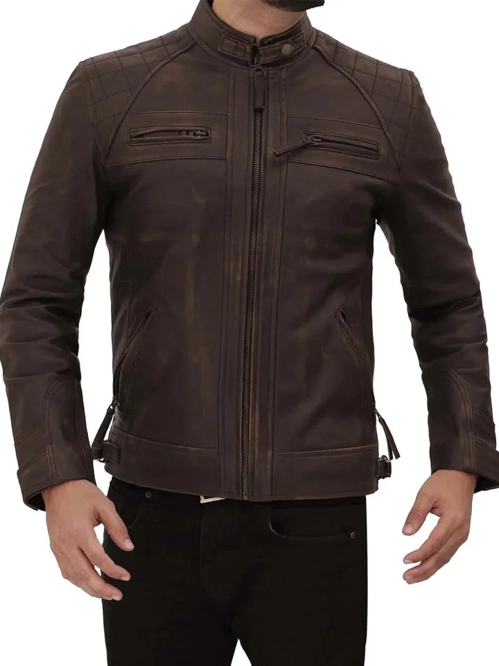 Diamond Mens Distressed Brown Motorcycle Leather Jacket - Male - XS - Diamond Mens Distressed Brown Motorcycle Leather Jacket - Tatoo Tee