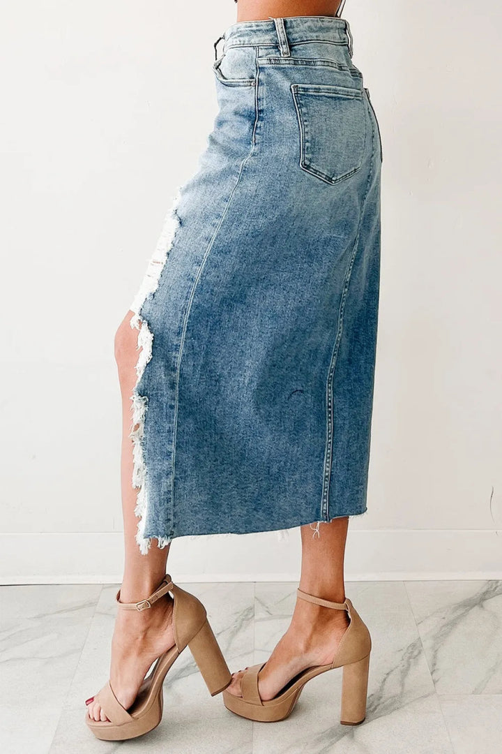 Distressed Asymmetrical Denim Skirt with Frayed Hem - Light Blue - S - 2ce58c45 - 4ff0 - 4edd - 9903 - f75a042703ec - Max - Origin - Tatoo Tee