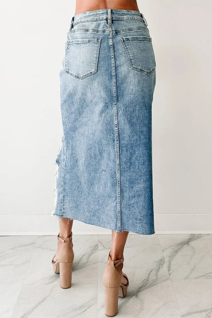 Distressed Asymmetrical Denim Skirt with Frayed Hem - Light Blue - S - e9e889cf - 0a99 - 40b2 - ad15 - 93b6cbca38b3 - Max - Origin - Tatoo Tee