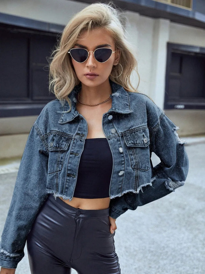 Distressed Raw Hem Cropped Denim Jacket - Medium - XS - 4c96478a - c002 - 432d - a7e9 - 2cbad162878c - Max - Tatoo Tee