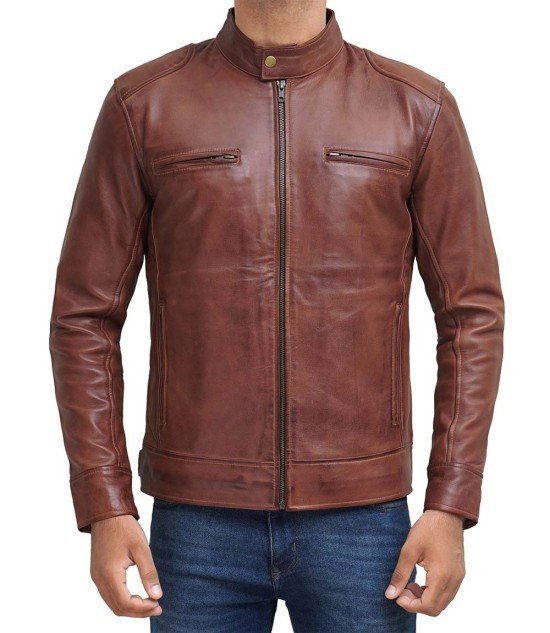 Dodge Mens Cognac Cafe Racer Leather Jacket - Male - XS - Dodge Mens Cognac Cafe Racer Leather Jacket - Tatoo Tee