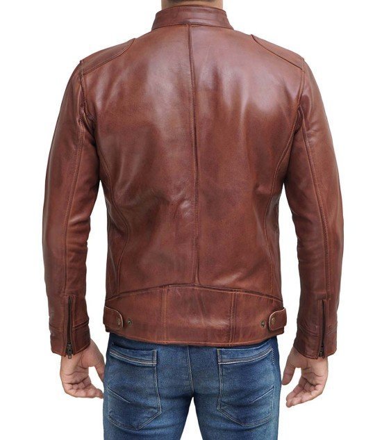 Dodge Mens Cognac Cafe Racer Leather Jacket - Male - XS - Dodge Mens Cognac Cafe Racer Leather Jacket - Tatoo Tee