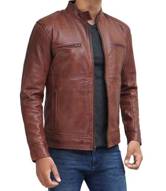 Dodge Mens Cognac Cafe Racer Leather Jacket - Male - XS - Dodge Mens Cognac Cafe Racer Leather Jacket - Tatoo Tee