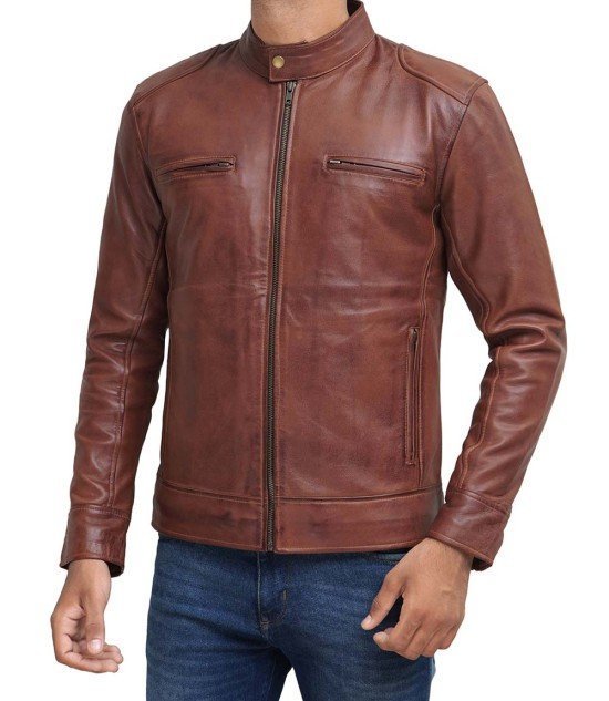 Dodge Mens Cognac Cafe Racer Leather Jacket - Male - XS - Dodge Mens Cognac Cafe Racer Leather Jacket - Tatoo Tee