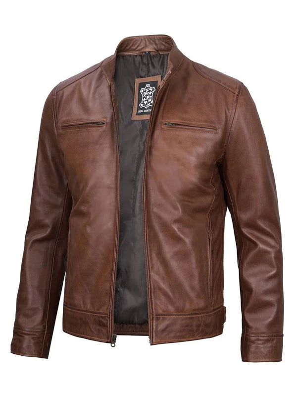 Dodge Mens Cognac Cafe Racer Leather Jacket - XS - Dodge Mens Cognac Cafe Racer Leather Jacket - Tatoo Tee