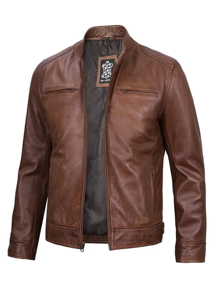 Dodge Mens Cognac Cafe Racer Leather Jacket - XS - Dodge Mens Cognac Cafe Racer Leather Jacket - Tatoo Tee
