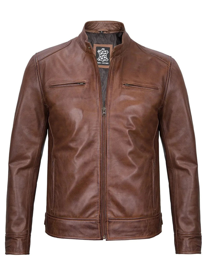 Dodge Mens Cognac Cafe Racer Leather Jacket - XS - Dodge Mens Cognac Cafe Racer Leather Jacket - Tatoo Tee