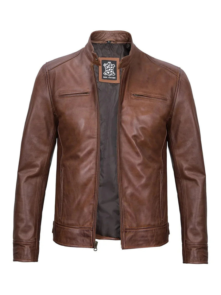 Dodge Mens Cognac Cafe Racer Leather Jacket - XS - Dodge Mens Cognac Cafe Racer Leather Jacket - Tatoo Tee