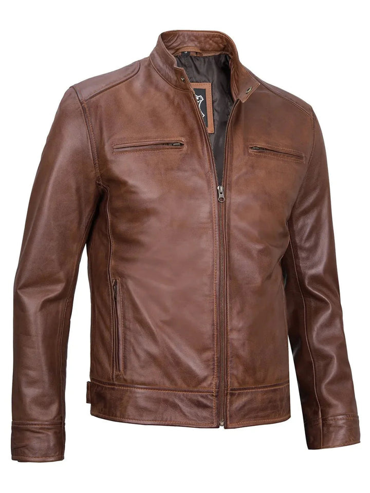 Dodge Mens Cognac Cafe Racer Leather Jacket - XS - Dodge Mens Cognac Cafe Racer Leather Jacket - Tatoo Tee