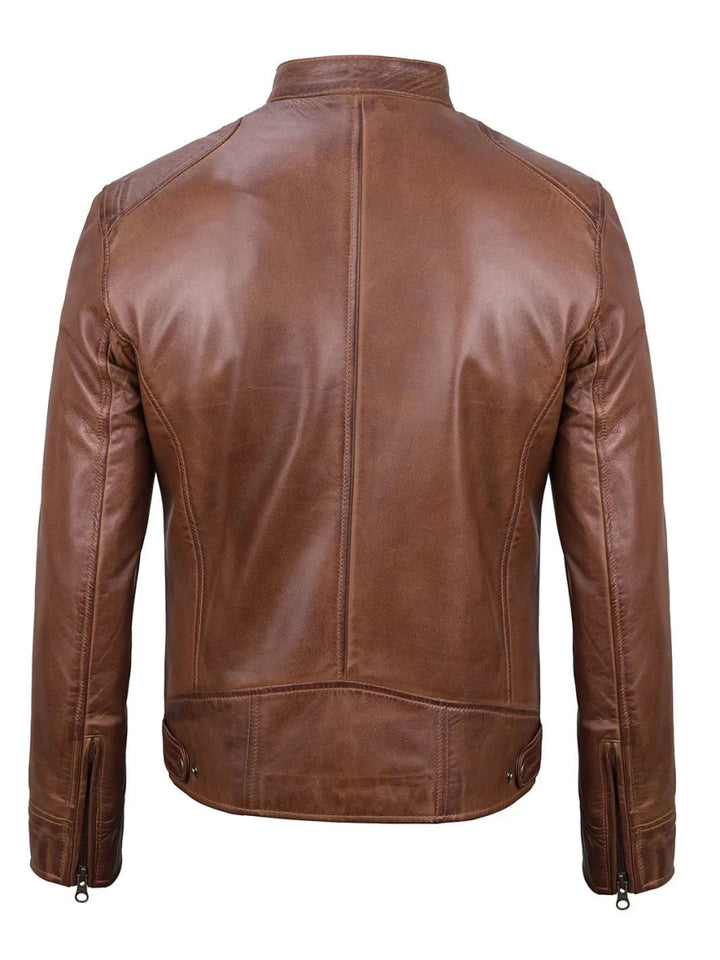 Dodge Mens Cognac Cafe Racer Leather Jacket - XS - Dodge Mens Cognac Cafe Racer Leather Jacket - Tatoo Tee
