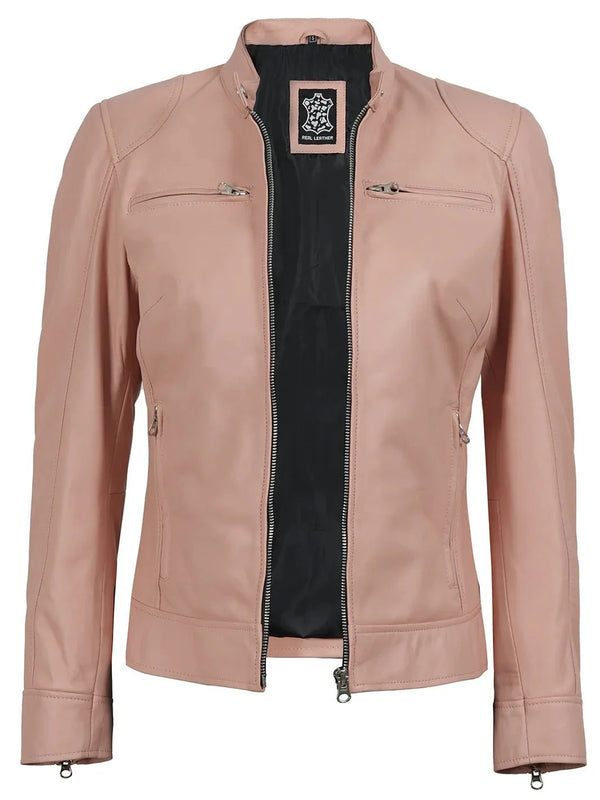 Dodge Women Light Pink Motorcycle Leather Jacket