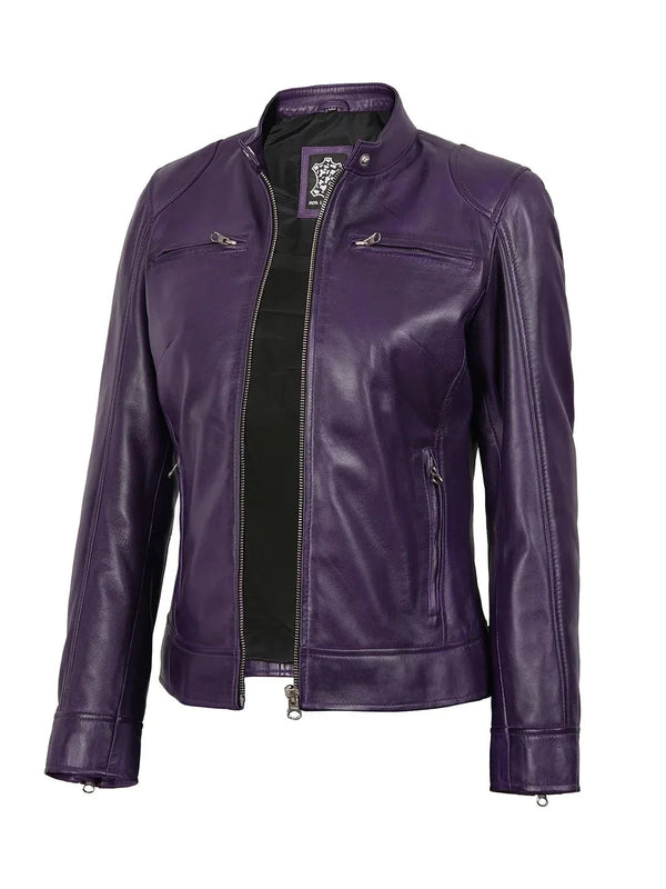 Dodge Womens Biker Purple Leather Jacket