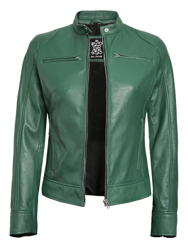 Dodge Womens Motorcycle Green Leather Jacket