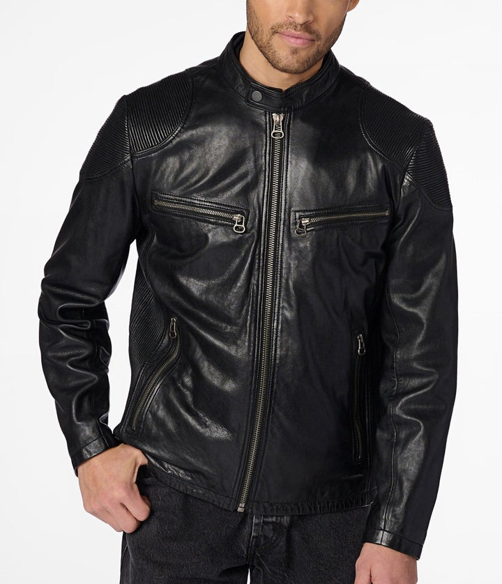 Drew Genuine Leather Jacket With Accordian Shoulder - Black - XS - Drew Genuine Leather Jacket With Accordian Shoulder - Tatoo Tee