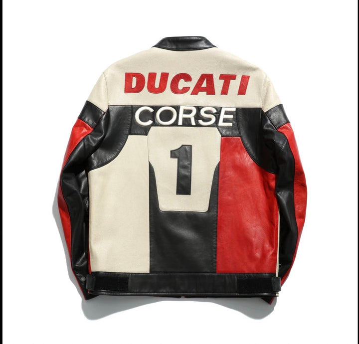 Ducati Corse leather jacket with red, black, and beige design on a white background