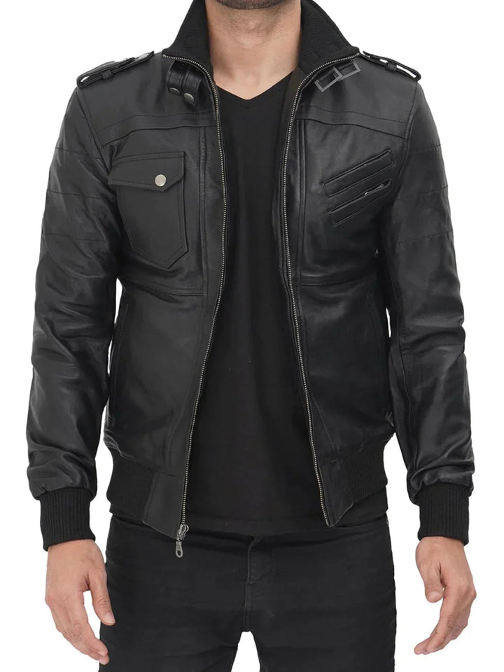 Edinburgh Black Hooded Leather Jacket - Male - XS - Edinburgh Black Hooded Leather Jacket - Tatoo Tee