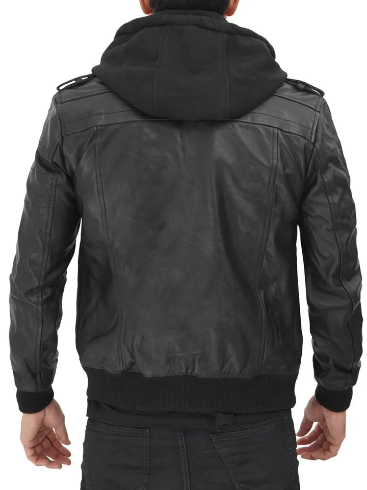 Edinburgh Black Hooded Leather Jacket - Male - XS - Edinburgh Black Hooded Leather Jacket - Tatoo Tee